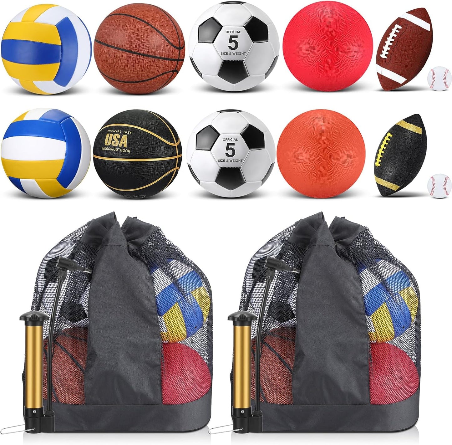 Deekin 12 Pcs Assorted Sport Ball Set Official Size Basketball, Football, Volleyball, Soccer, Baseball, Playground Ball with Bag and Pump Gift for Kid Youth Adult Back to School