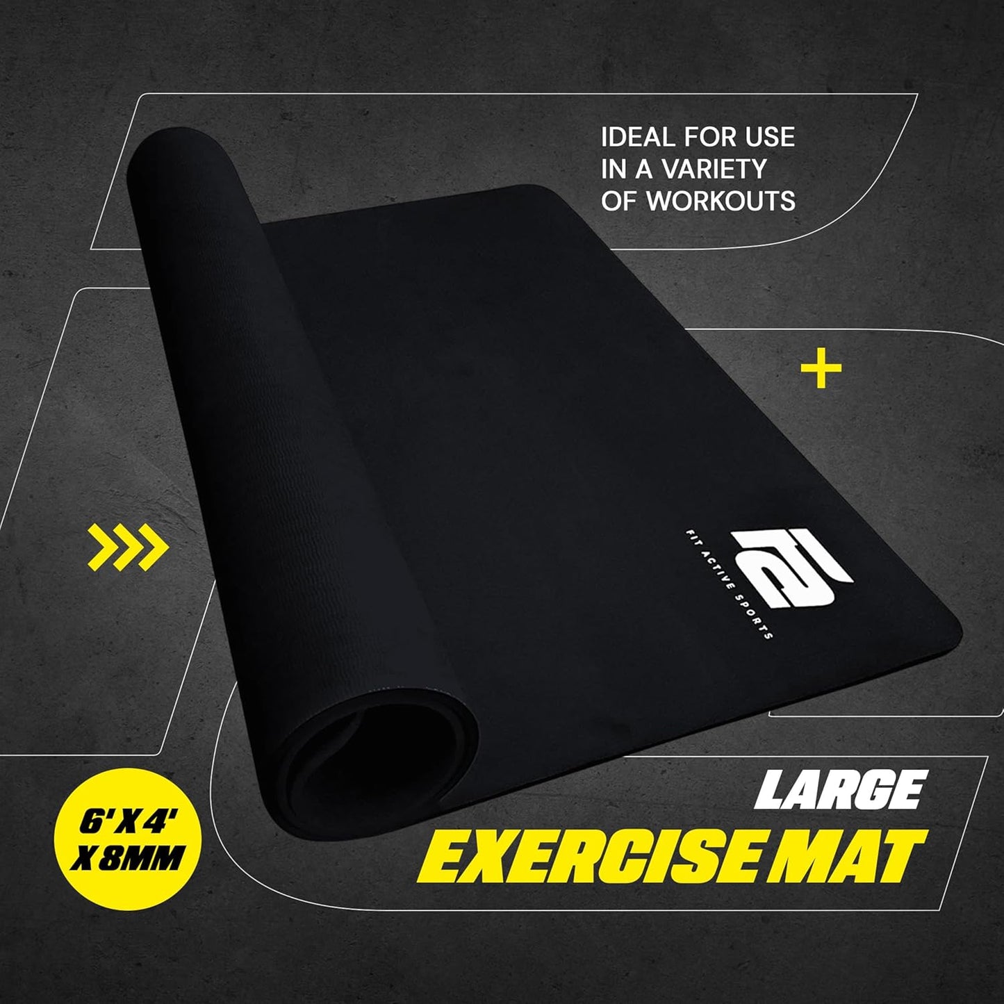 Fit Active Sports Large Exercise Mat 6' x 4' x 8mm Non-Slip Extra Wide Workout Mat for Home Gym, Cardio, Yoga, Floor Fitness, MMA, Plyo, and Jump Rope | Shoe Friendly Black