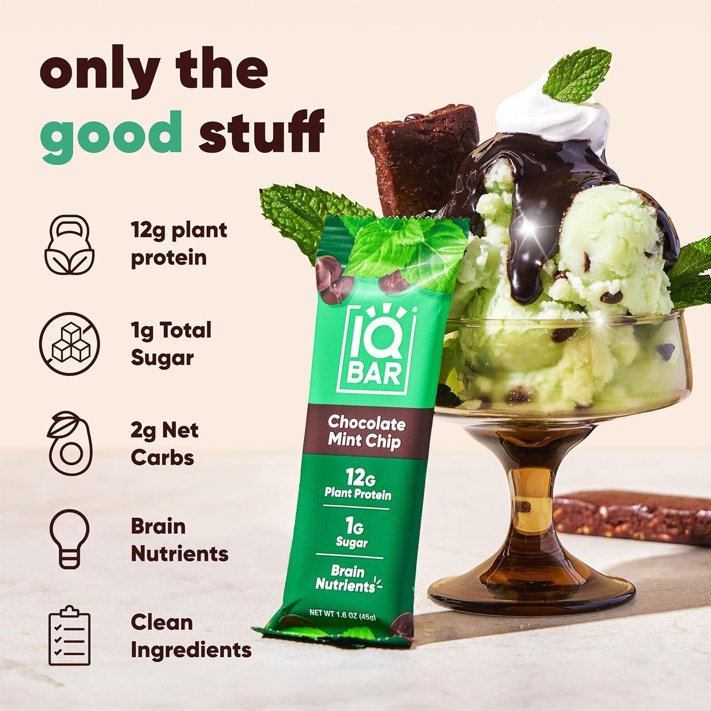 IQBAR Brain and Body Plant Protein Bars - Chocolate Mint Chip - 12-Count Low Carb - Gluten Free, High Fiber, Vegan Snacks - Low Sugar Meal Replacement