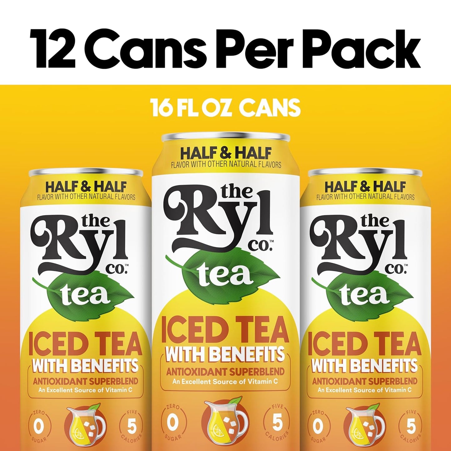 Ryl Half & Half Iced Tea – Antioxidant Superblend, No Artificial Ingredients, Zero Sugar, Five Calories, Low Carb, Non-GMO, Kosher, Gluten Free, Made in the USA, 12-Pack, 16 Fl Oz