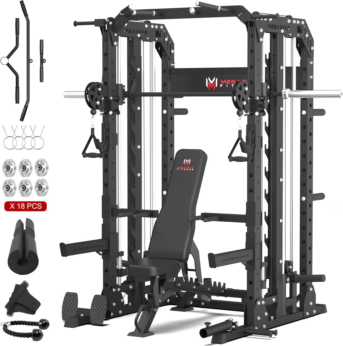 Smith Machine Home Gym with Aluminum Pulley Set - 2000lbs Capacity All-in-One Power Rack with Cable Crossover, Pull-Up Bar & Dip Station, Includes 18 Attachments, P107 Anvil