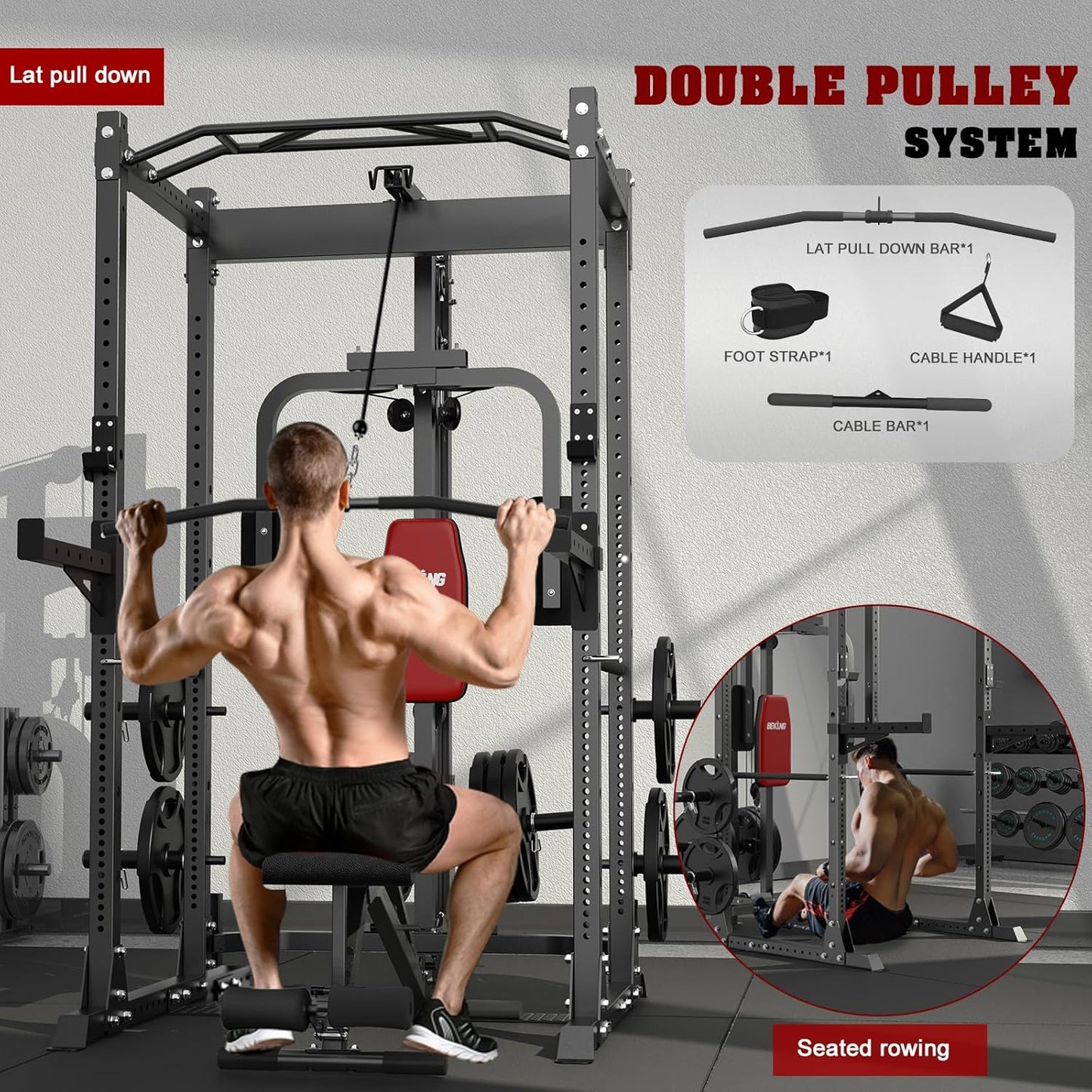 BEKING Power Cage, 2000LBS Power Squat Rack with LAT Pulldown, 2.36" ×2.36" Multi-Functional Squat Cage with Pulley System and More Training Attachments for Home Gym