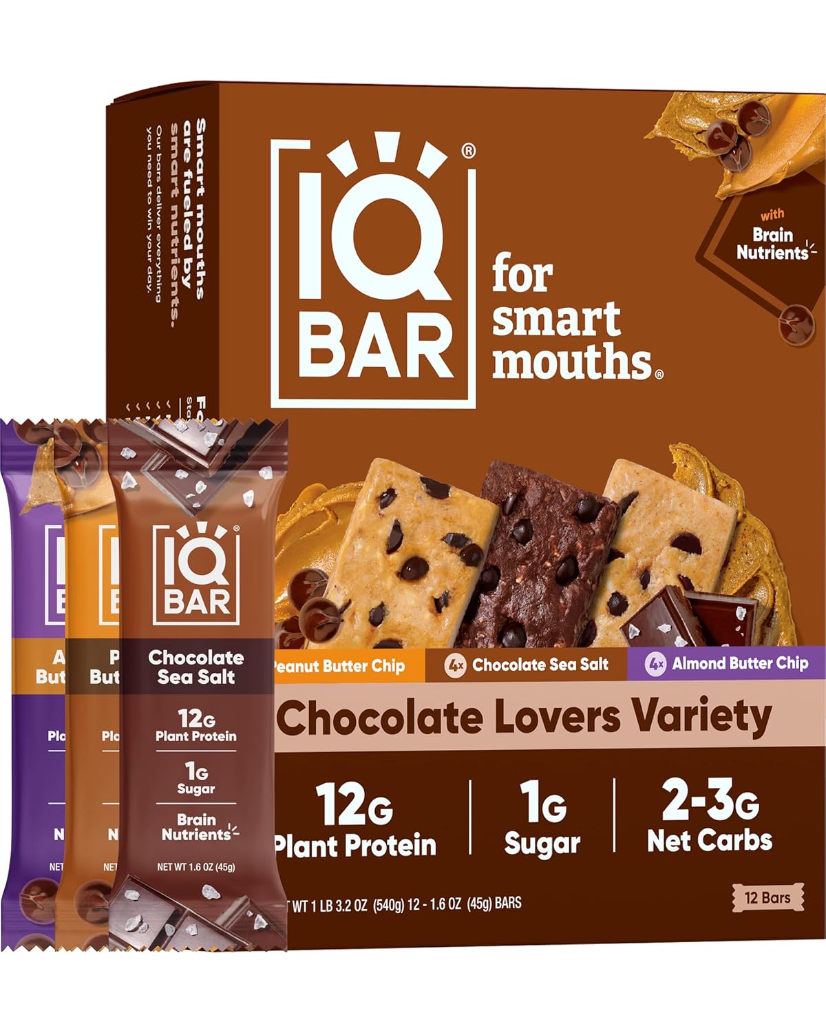 IQBAR Brain and Body Plant Protein Bars - Chocolate Lovers Variety - 12-Count Low Carb - Gluten Free, High Fiber, Vegan Snacks - Low Sugar Meal Replacement