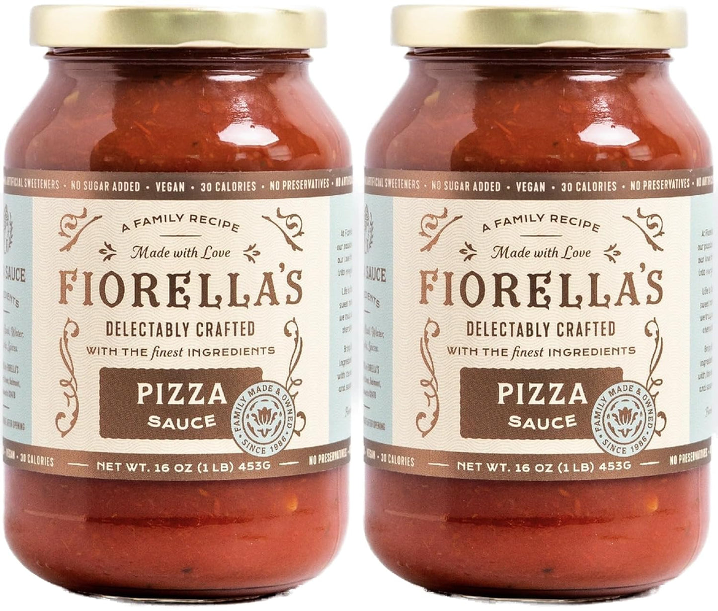 Fiorella's Pizza Sauce - Premium Pizza Sauce Made with Fresh Ingredients - No Sugar Added, Vegan, Gluten Free, No Preservatives Added, Pizza Sauce, 16 Oz (Pack of 2)