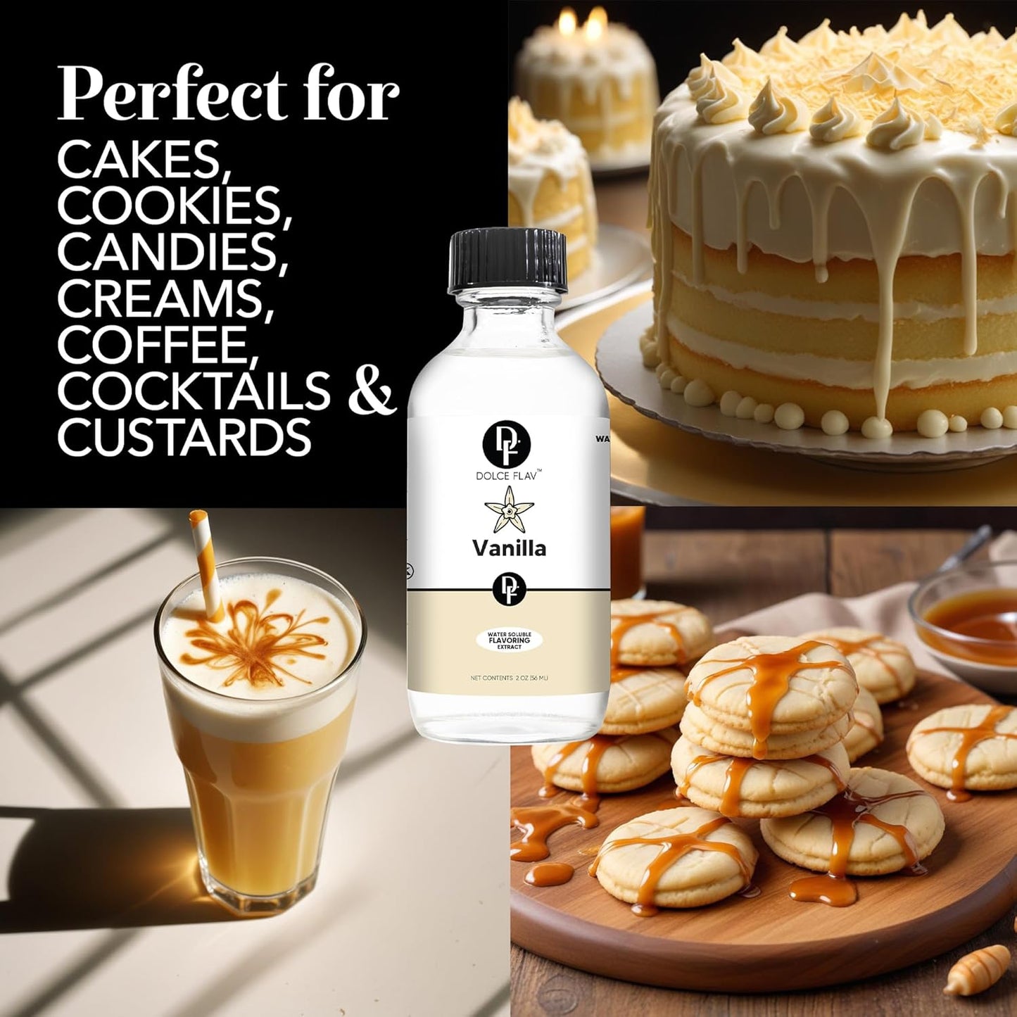 Dolce Flav Vanilla Extract – 2 Ounce Water-Soluble Kosher, Sugar-Free, Concentrated Vanilla Flavoring for Baking, Cookies & Desserts, Includes Measured Dropper