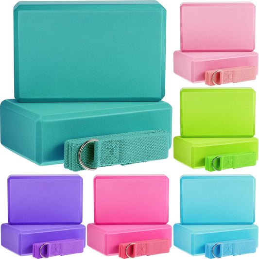 Meooeck 18 Pcs Yoga Block and Strap Set 9 x 6 x 3 Inch EVA Foam Non Slip Brick 8 ft Yoga Straps for Stretching D Ring Design for Back to School Pilates Fitness Workout Exercise
