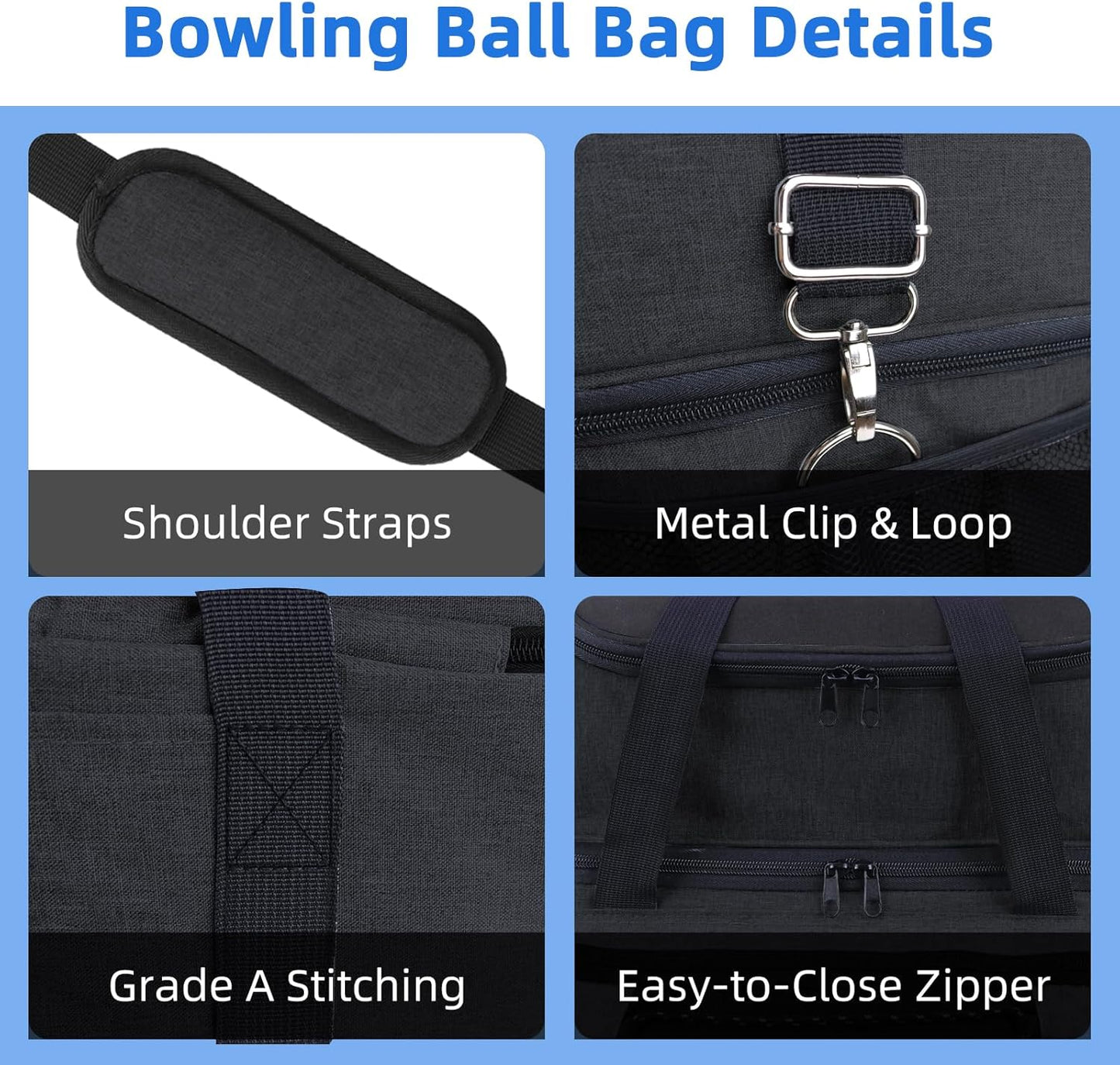 Bowling Ball Bag 2 Ball with Padded Holder Portable Double Bowling Totes with Adjustable Shoulder Strap Large Capacity Bowling Gear Organizer
