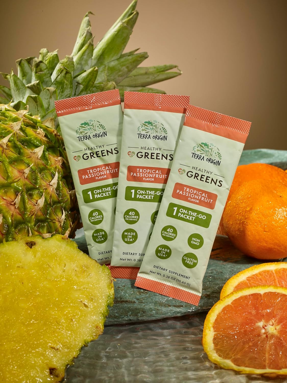 TERRA ORIGIN Greens Powder Superfood Supplement | 15 Packets | Supports Digestion | with Probiotic Blend, Digestive Enzymes, Antioxidants, Spirulina, Chlorella | Tropical Passionfruit