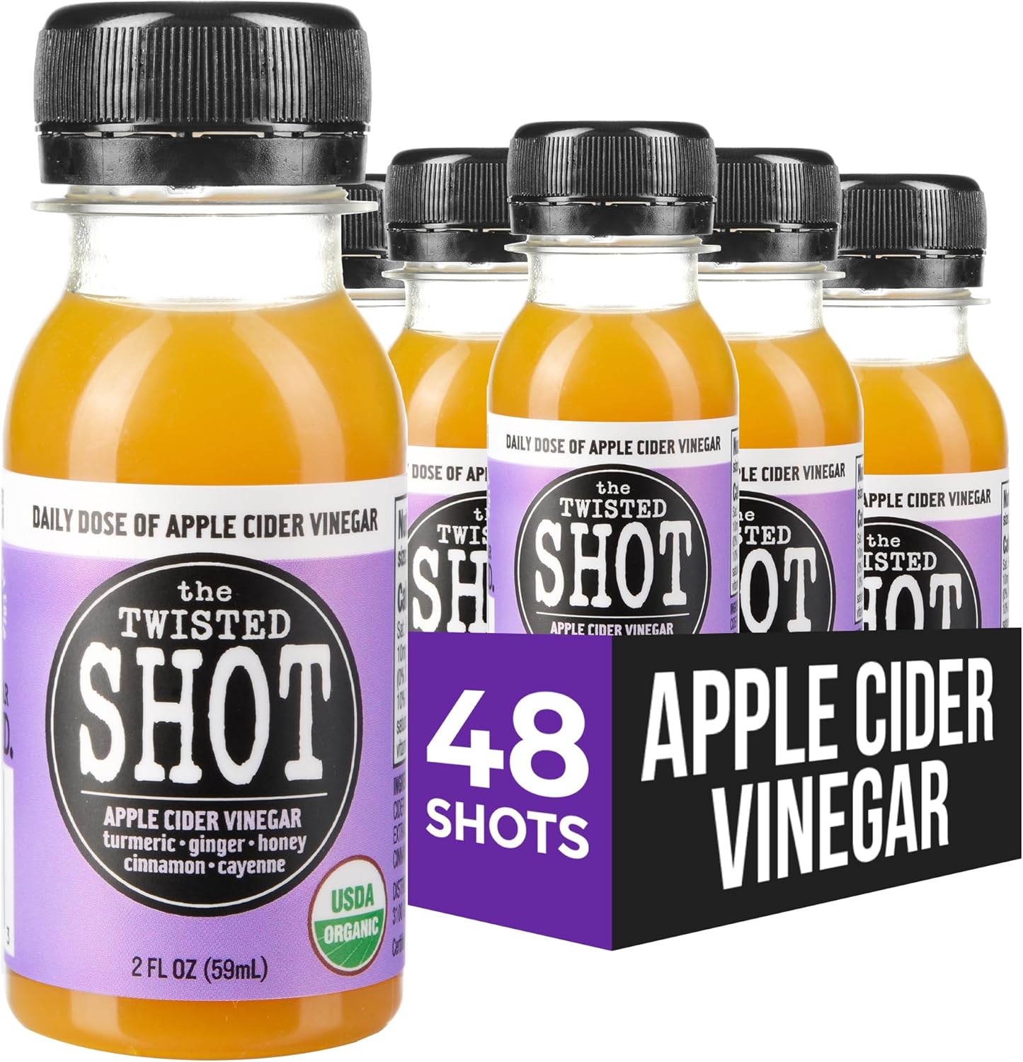The Twisted Shot | Organic Apple Cider Vinegar Wellness Shots with Ginger, Turmeric, Honey, Cinnamon and Cayenne | Digestion, Immunity and Gut Health Support | Ready to Drink | 48, 2 oz Mini Bottles