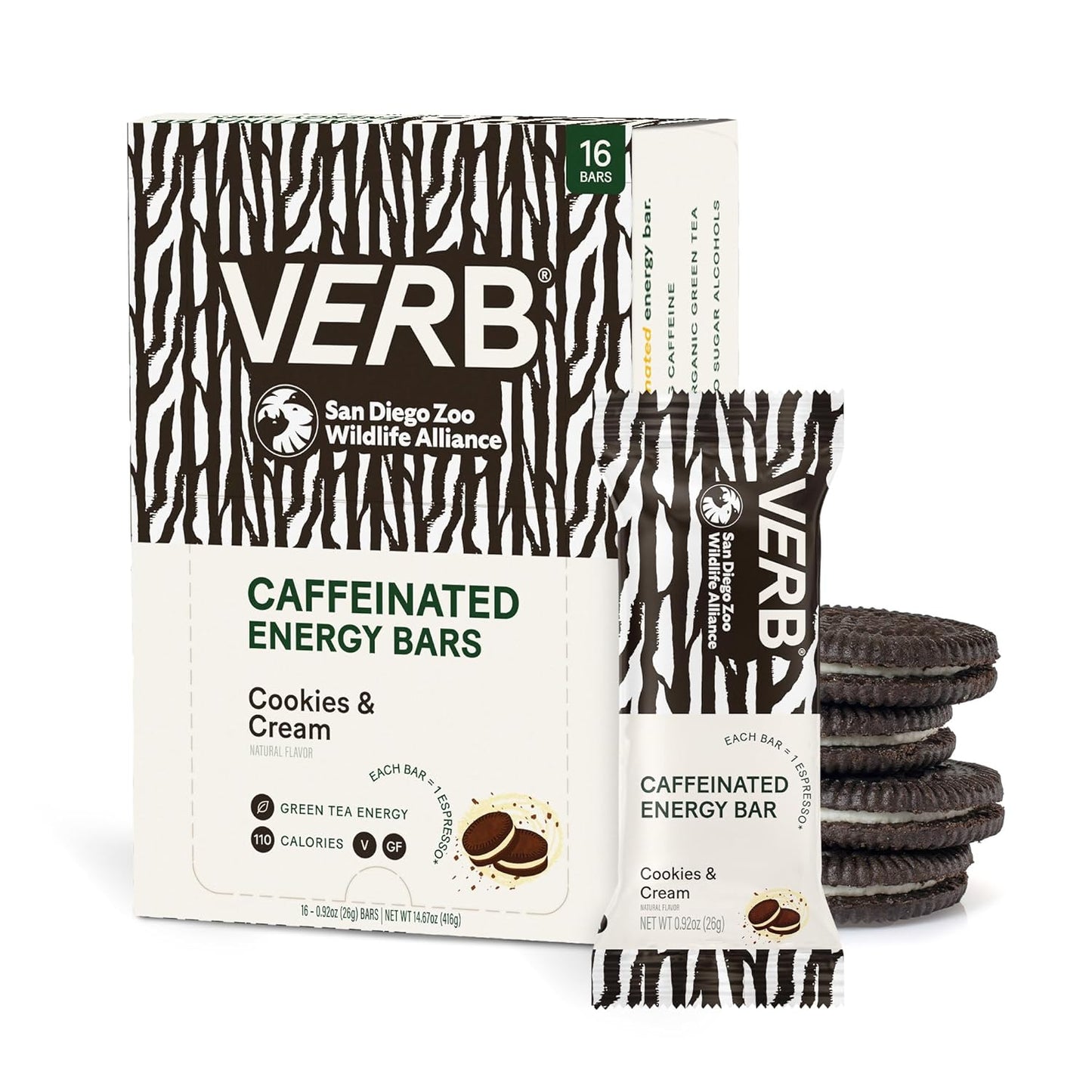 Verb Caffeinated Energy Bars Cookies & Cream (26g, Pack of 16) 110-Calorie Delicious Low Sugar Energy Bar - Vegan Gluten Free On-the Go Snack with 80mg Green Tea Caffeine, Only Real-Food Ingredients