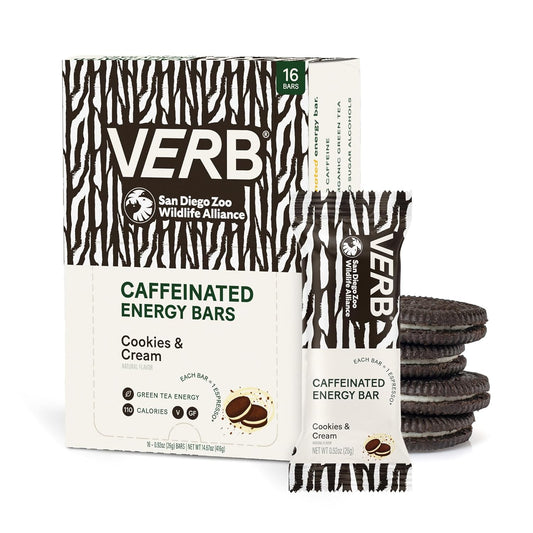 Verb Caffeinated Energy Bars Cookies & Cream (26g, Pack of 16) 110-Calorie Delicious Low Sugar Energy Bar - Vegan Gluten Free On-the Go Snack with 80mg Green Tea Caffeine, Only Real-Food Ingredients