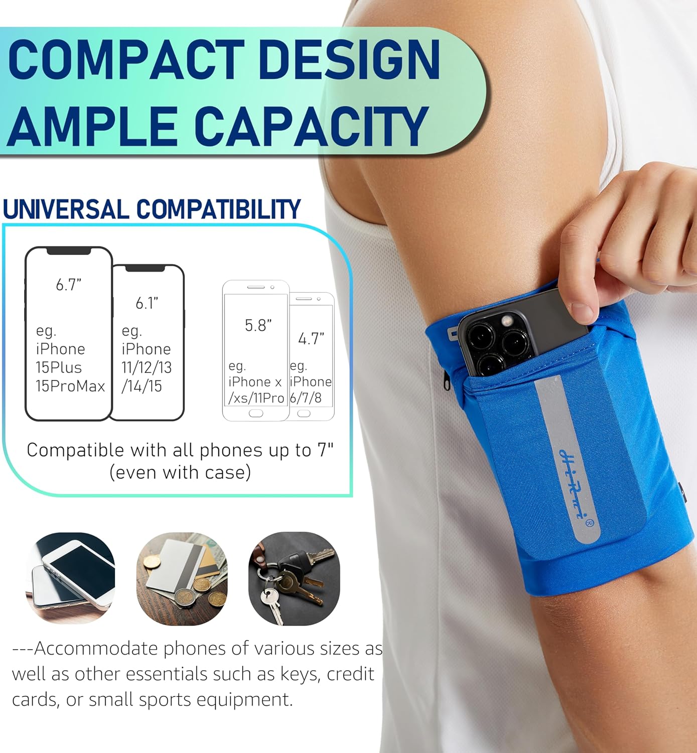 HiRui Running Armband Sleeve Universal Sports Armband Cell Phone Holder Armband for Exercise Workout, Compatible with iPhone 16/15/14/13/Plus/Pro Samsung Galaxy All Phones (M, Blue)