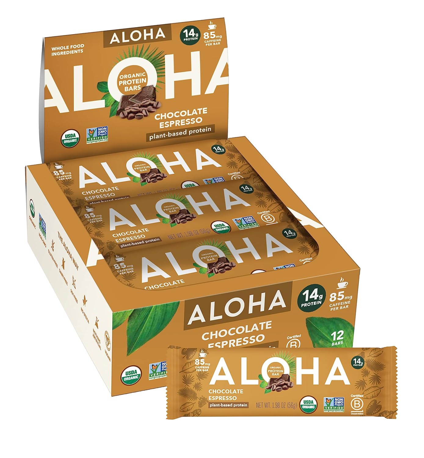 ALOHA Organic Plant Based Protein Bars - Chocolate Espresso (85mg Caffeine) - 12 Bars, Vegan, Low Sugar, Gluten-Free, Paleo, Low Carb, Non-GMO, No Stevia, No Erythritol
