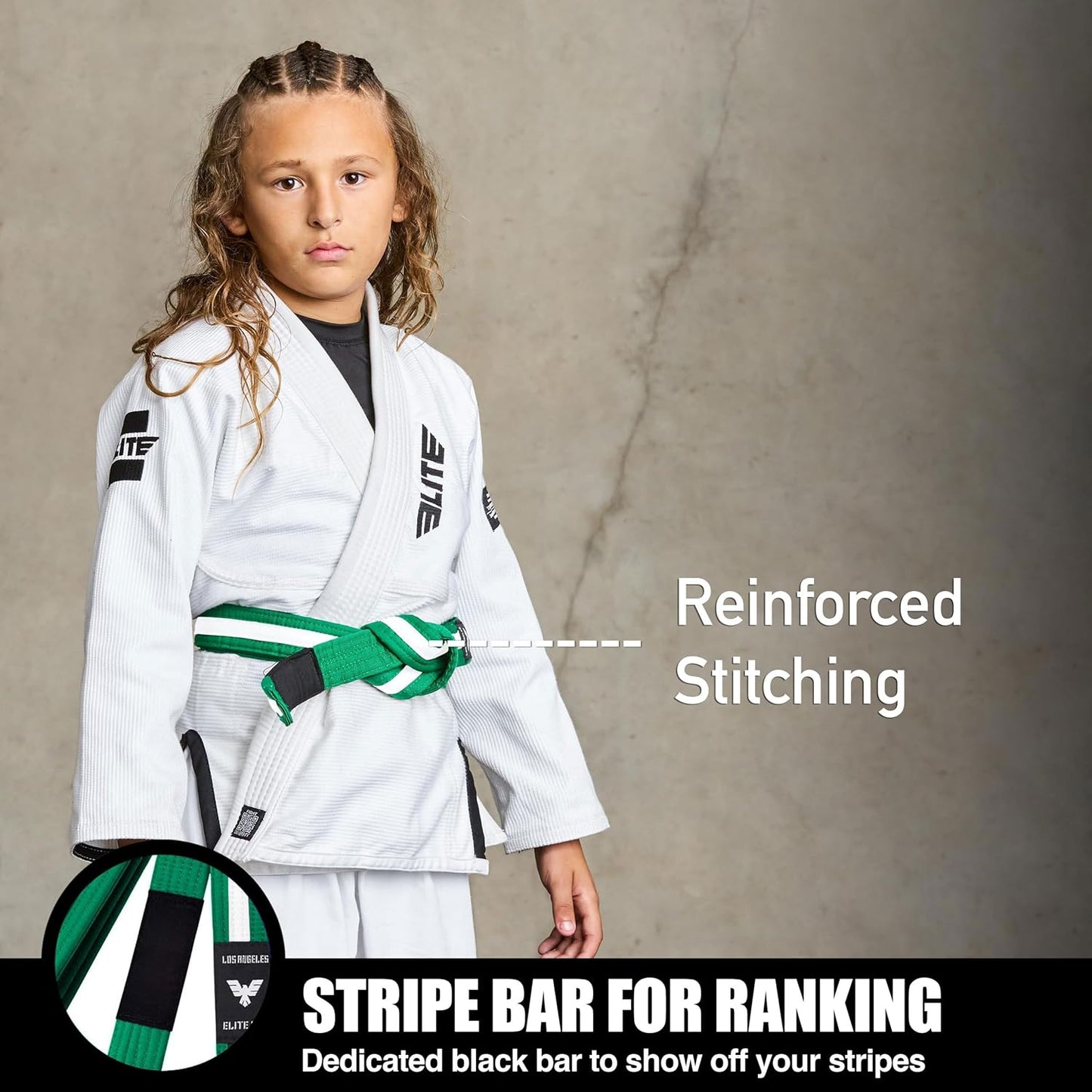 Elite Sports Kids Brazilian Jiu Jitsu Belts Preshurunk Martial Arts Youth BJJ Belts for Girls & Boys with BJJ Ranking Stripes