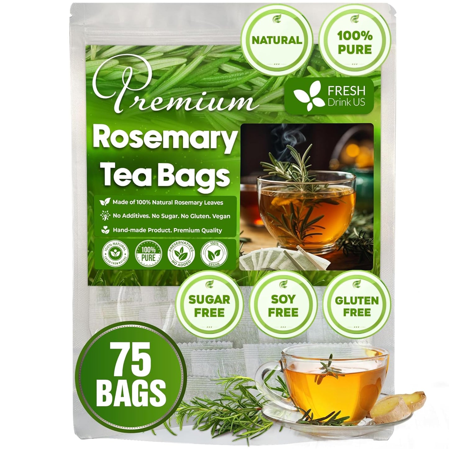 FreshDrinkUS Premium Rosemary Leaf Tea Bags - 75 Count, 100% Natural Dried Leaves, Pure Herbal Tea, No Additives, No Caffeine, No Gluten, Vegan