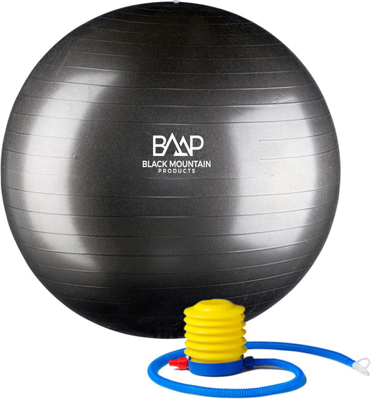 Black Mountain Products Professional Grade Exercise Stability Yoga Ball, Foot Pump, Ball Plug, Plug Puller, 2000 Pounds Static Weight Capacity Antiburst