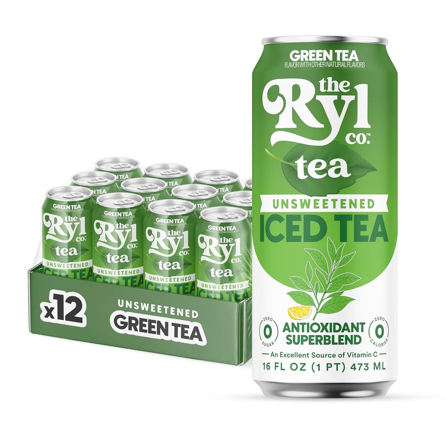 Ryl Unsweetened Green Iced Tea – Antioxidant Superblend, No Artificial Ingredients, Zero Sugar, Zero Calorie, Low Carb, Non-GMO, Kosher, Gluten Free, Made in the USA, 12-Pack, 16 Fl Oz