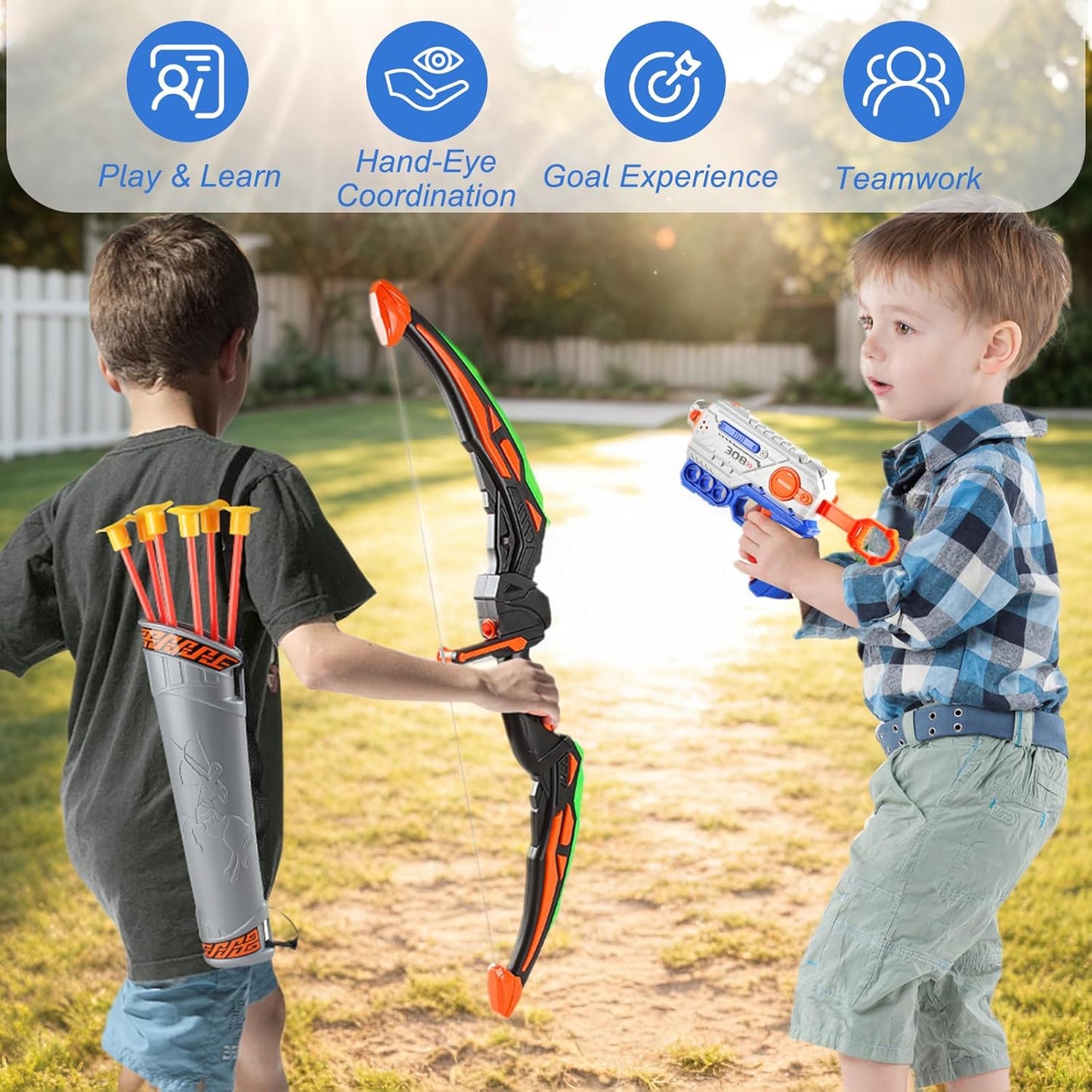 2 Pack Bow and Arrow Toy for Kids 3-8-12, LED Light Up Archery Set with Shooting Game Toy & Standing Target for Boys and Girls Age 5 6 7 8 9 10 11+, Indoor Outdoor Activity Toys for Birthday