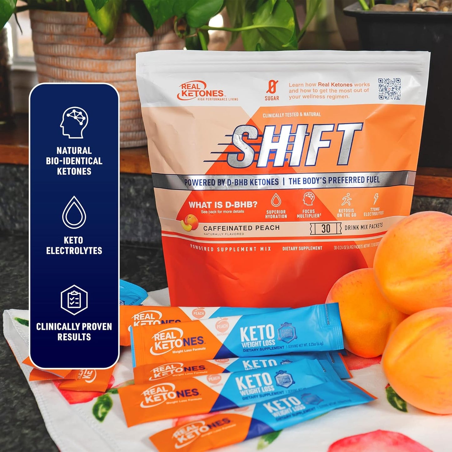 Real Ketones BHB Exogenous Ketones Drink Mix Packets Keto Electrolytes Powder Packets No Sugar with 4 Main Fasting Electrolytes Plus Hydrating Patented Keto BHB - 30 Count Peach Caffeine