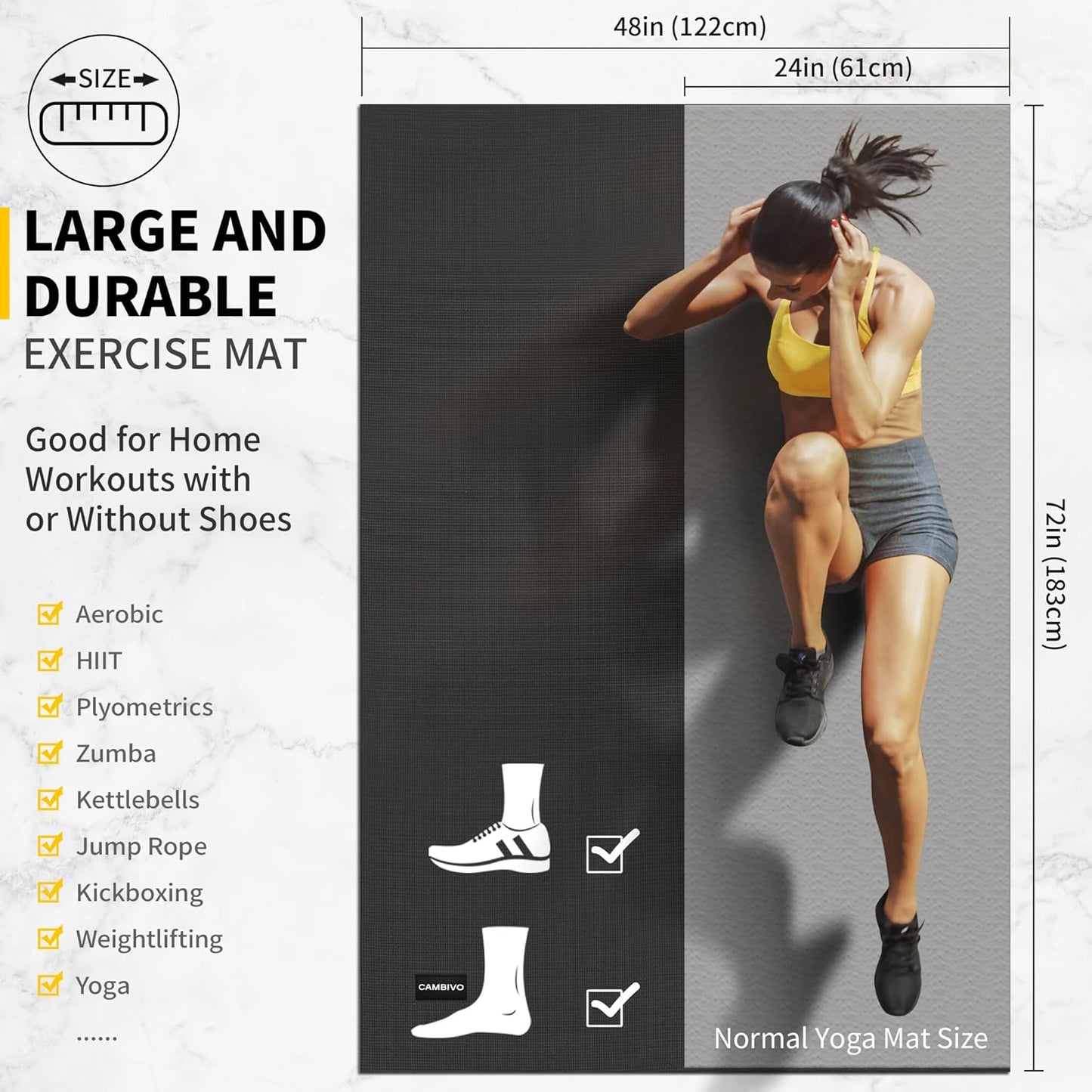 CAMBIVO Large Exercise Mat for Home Workout, 8'x6'/7'x5'/6'x4' (7 mm) Extra Thick Exercise Mat for Home Gym, Shoe-Friendly, Non-Slip Gym Mat for Jump Rope, Weights, Cardio, Fitness