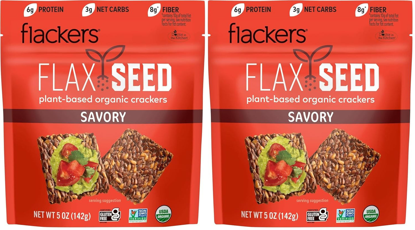Flackers Organic Savory Flaxseed Crackers, Gluten Free, Non GMO, Vegan, Keto Snack, 8g Fiber, 3g Net Carbs, 5 Ounce 2-Pack