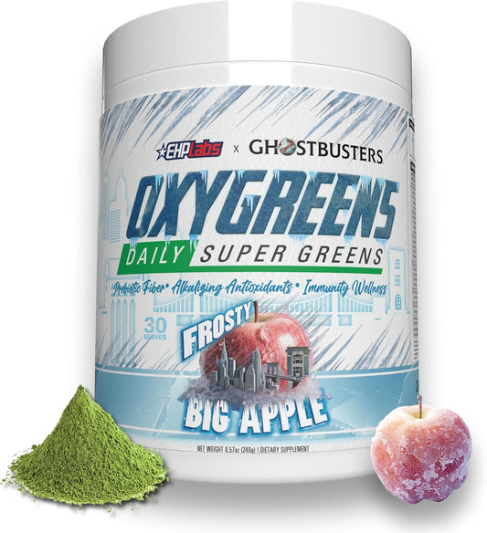 EHP Labs x Ghostbusters OxyGreens Super Greens Powder - Spirulina & Chlorella Superfood, Green Juice Powder with Prebiotic Fibre, Antioxidants & Immunity Support, 30 Serves (Frosty Big Apple)