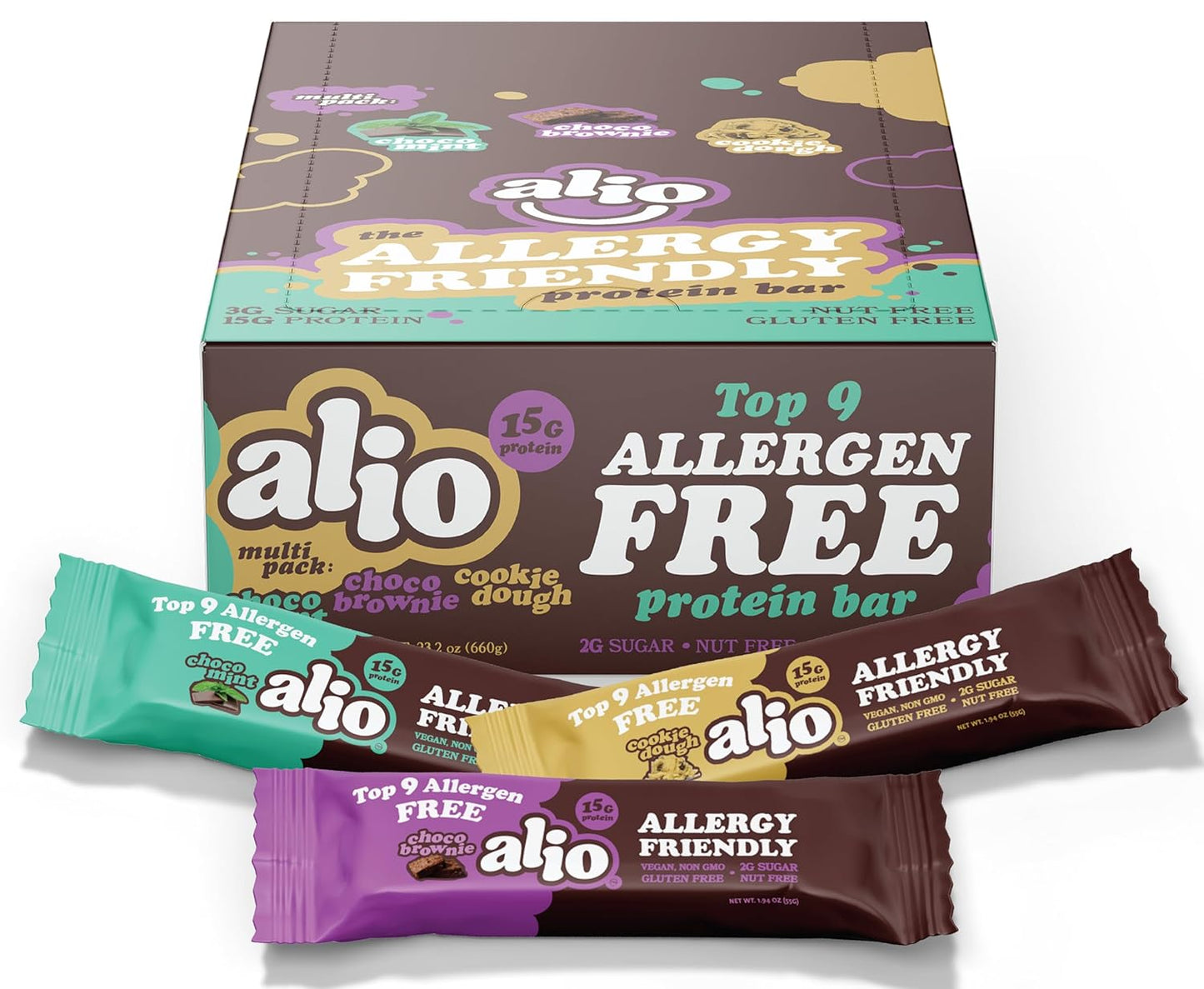 Alio Protein Bars - 3-Flavor Combo Box (12 Bars) – Free From The Top 9 Food Allergens, High Protein, Low-Calorie, Vegan, Gluten-Free, Nut-Free, Non-GMO, Plant-Based, Seed Oil Free, Delicious & Healthy Snack