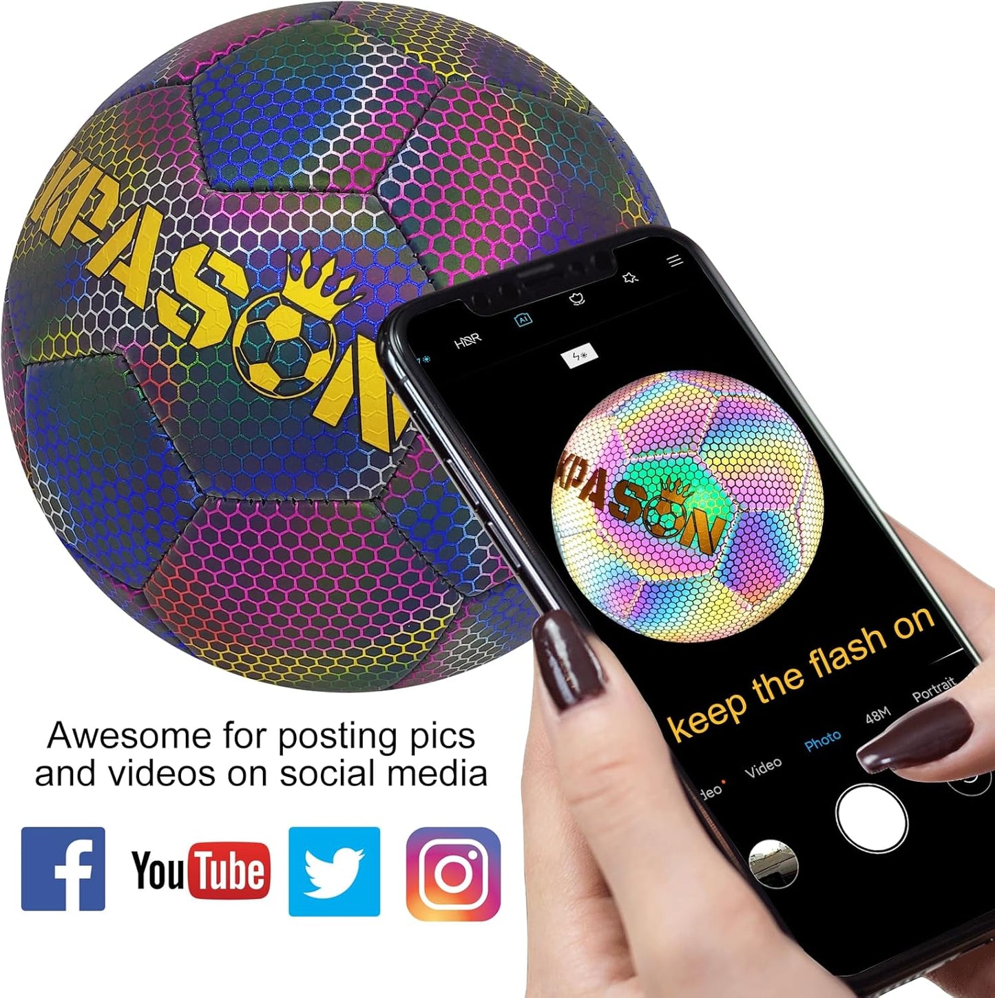 Soccer Ball, Holographic Reflective Glowing Soccer Ball for Men Women Training