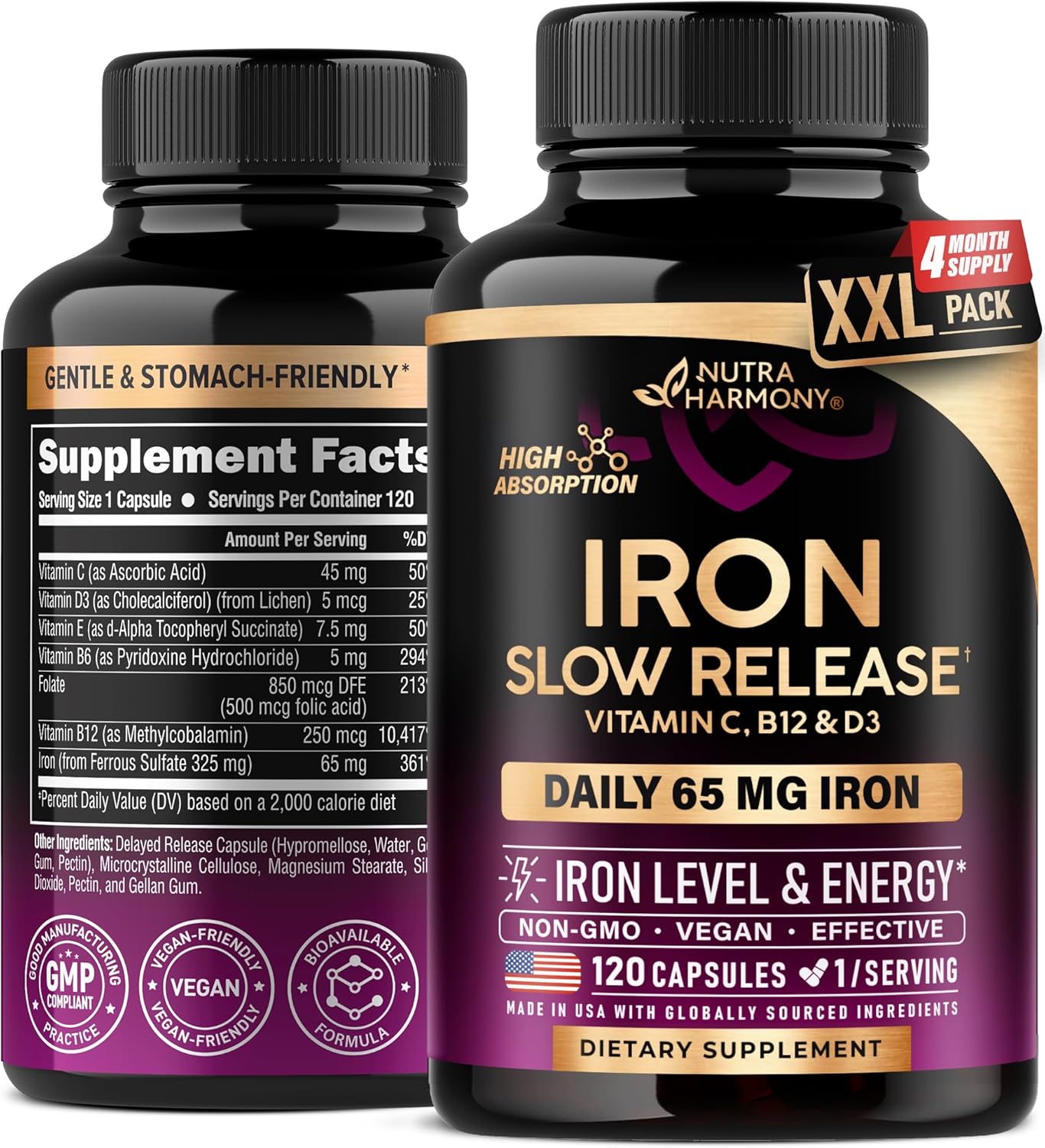 Iron Supplement for Women - Iron 65mg (Ferrous Sulfate 325mg) - Stomach Friendly | Slow Release Iron | High Absorption - Vitamins C, D3, B6, B12 & Folate - Iron Level & Energy Support - 120 Capsules