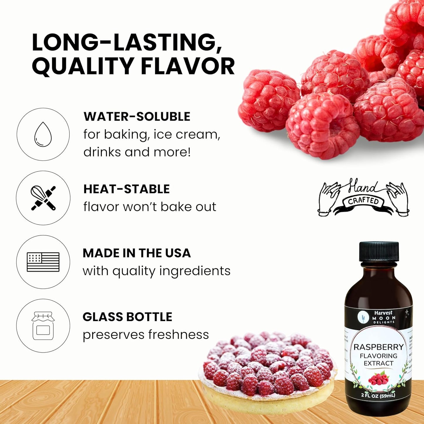 Natural Raspberry Extract - 2 oz - Water-Soluble - By Harvest Moon Delights - Raspberry Extract for Baking, Ice Cream, Drinks, and Candy - Flavoring - Sugar Free