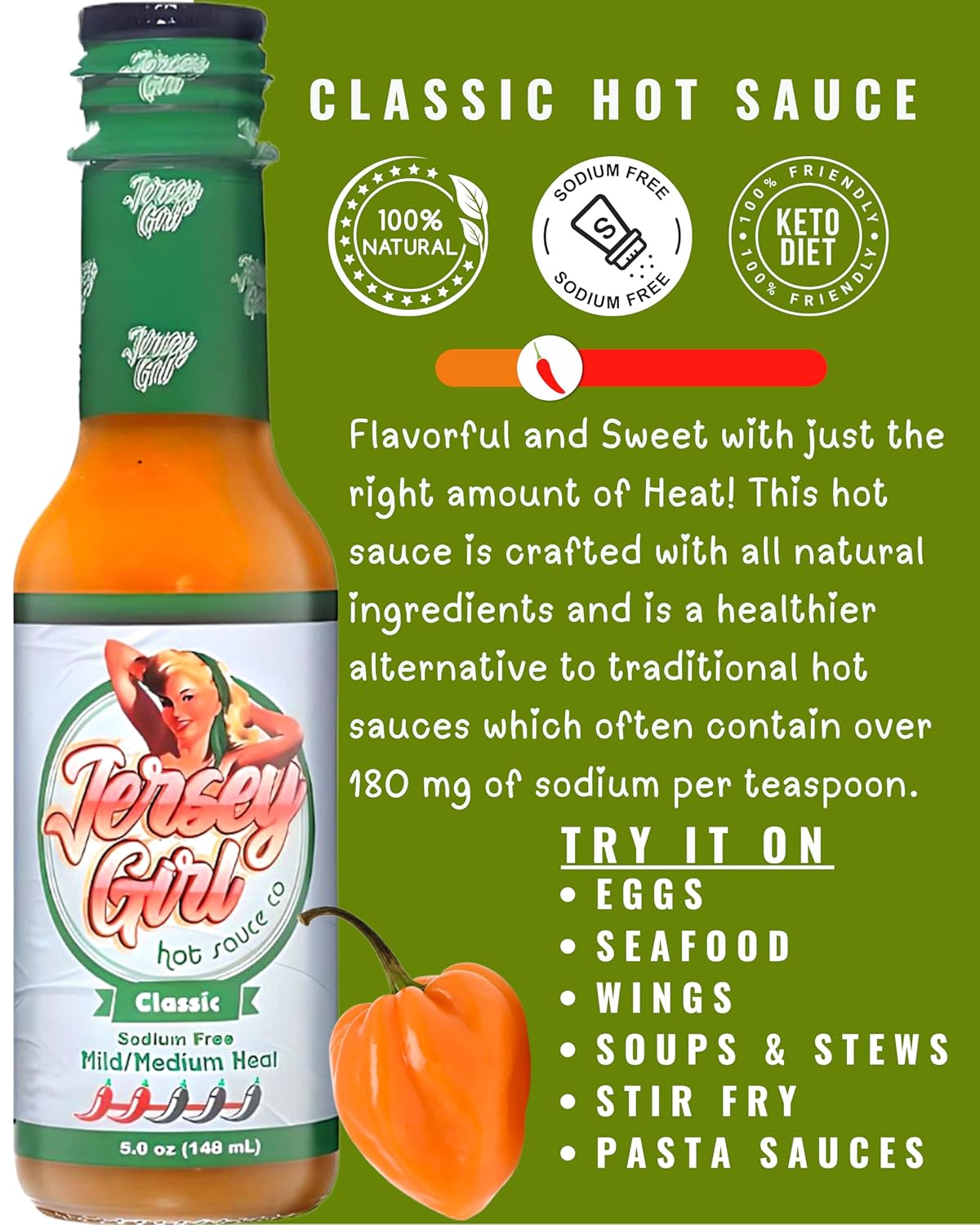 Jersey Girl Habanero Hot Sauce 5oz (Classic) Made with 4 Pepper Varieties (No Added Salt/Sodium Free)