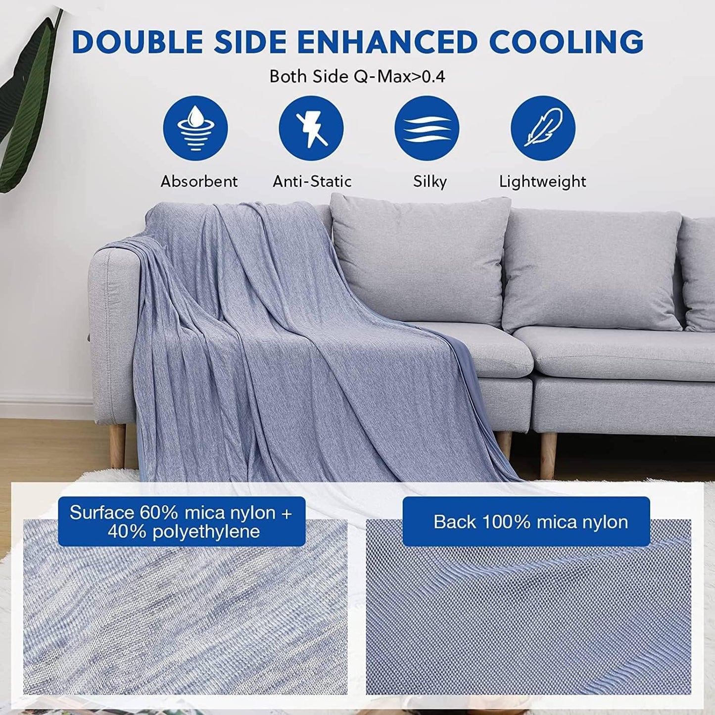 HOMFINE Cooling Blankets for Hot Sleepers - Summer Blanket Thin Lightweight Breathable Soft Double Side Enhanced Cooling for Bed Couch Sofa, Keep Cool for Night Sweats (Blue, 108 x 90 inches)