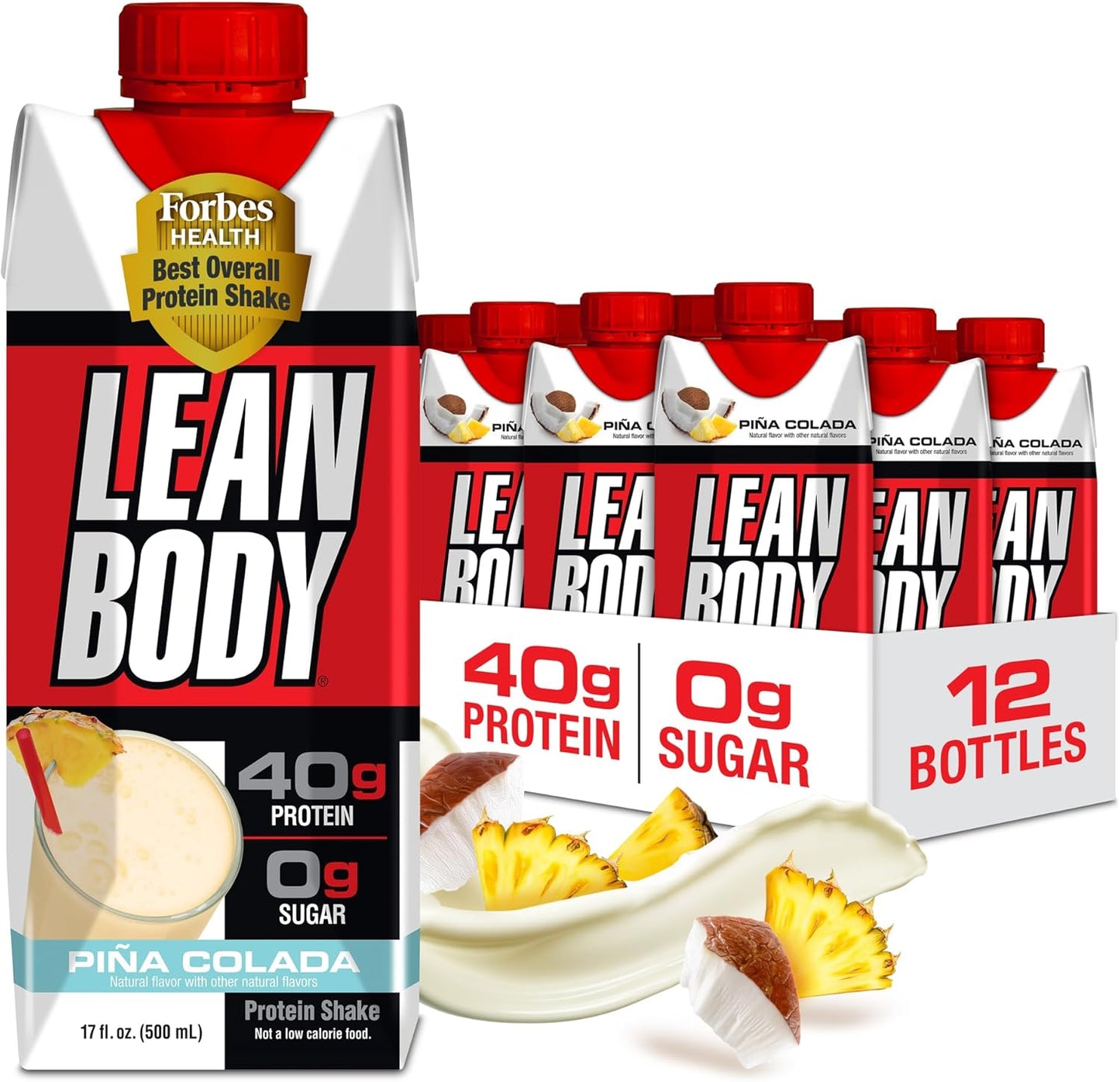 Lean Body Ready-to-Drink Pina Colada Protein Shake, 40g Protein, Whey Blend, 0 Sugar, Gluten Free, 22 Vitamins & Minerals, 17 Fl Oz (Pack of 12)