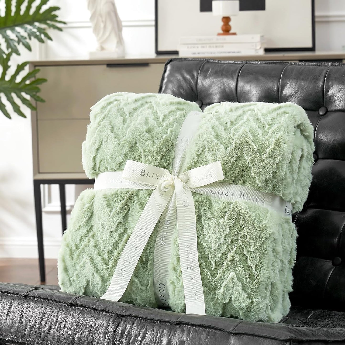 Cozy Bliss Faux Fur Throw Blanket for Couch - Soft Fuzzy Cozy Throw Gift Blankets for Women,Sage Green Boho Blanket for Sofa Bedroom Living Room.60 * 80 Inches