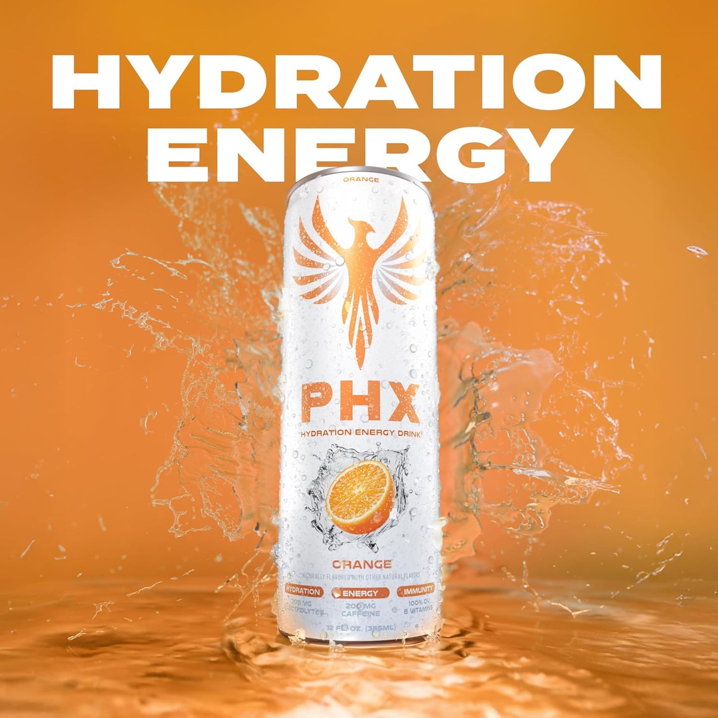 PHX Hydration Energy Drink - 700mg Electrolytes, 200mg Natural Green Tea Caffeine, 100% Daily Value 8 Essential Vitamins - 12 oz Cans (12 Pack) (12 Pack, Orange)