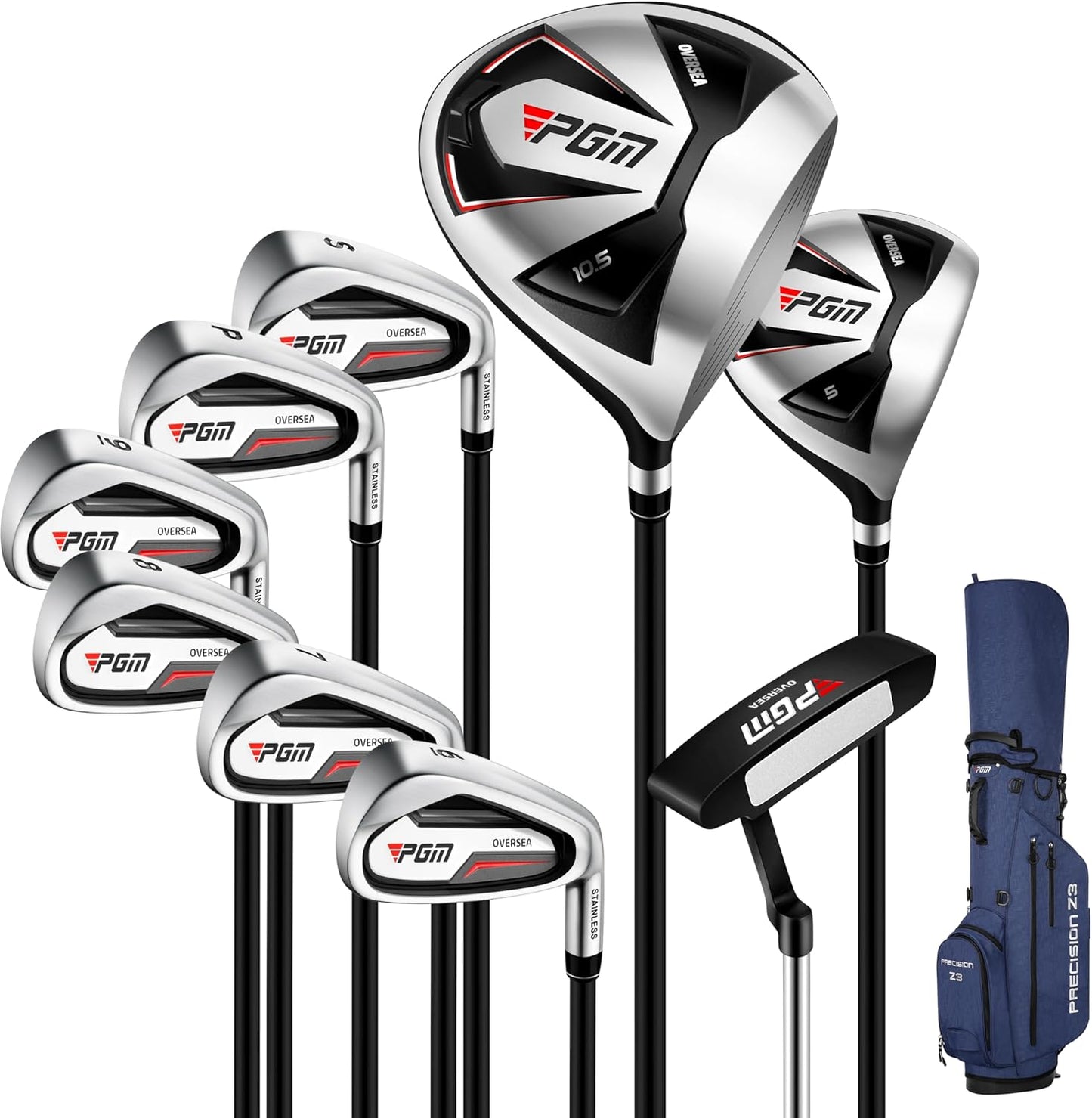 PGM Men's Oversea 9/12 Pieces Complete Golf Club Set with High-Strength Thin Face Design 460cc Driver High Forgiveness Ideal for Beginners