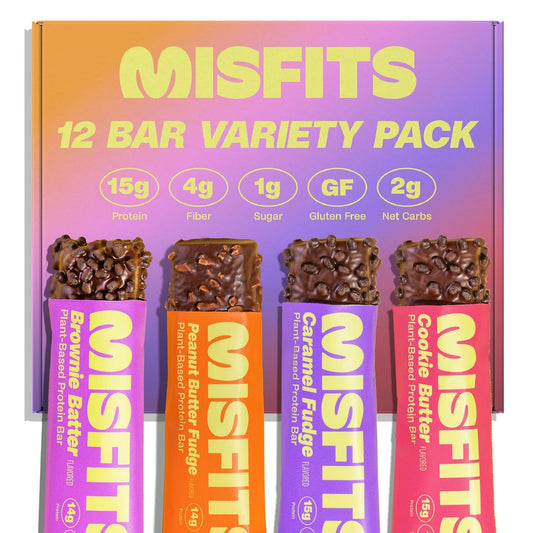 Misfits Vegan Protein Bars - Updated Gluten Free Recipe | Plant Based, Low Sugar & Carb, High Fiber Snacks | Variety Pack of 12 (4 Flavors)