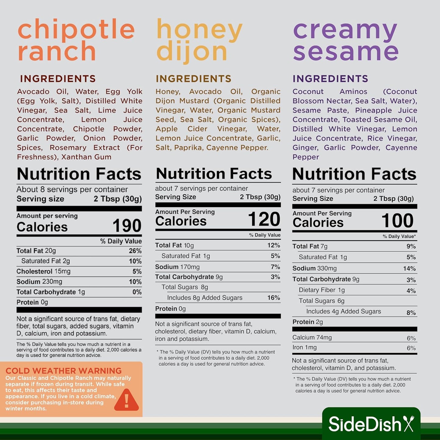 SideDish Salad Dressing Variety Pack (Pack of 3) – Chipotle Ranch, Creamy Sesame, Honey Dijon Made w/Avocado Oil – Healthy, Dairy & Gluten Free Cooking Sauces – Whole30 Dressing for Dips, Sauces
