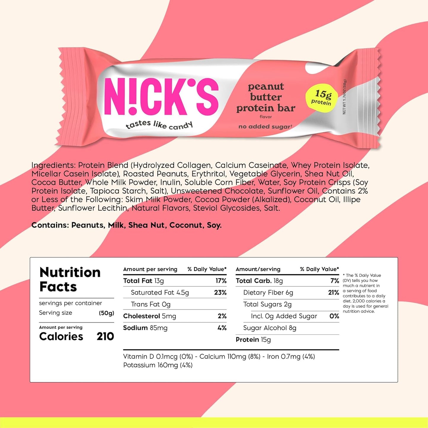 Nick’s Peanut Butter Protein Bars – 12-Count Box | High Protein, Low Calories, Low Carbs, Keto Friendly, No Added Sugar