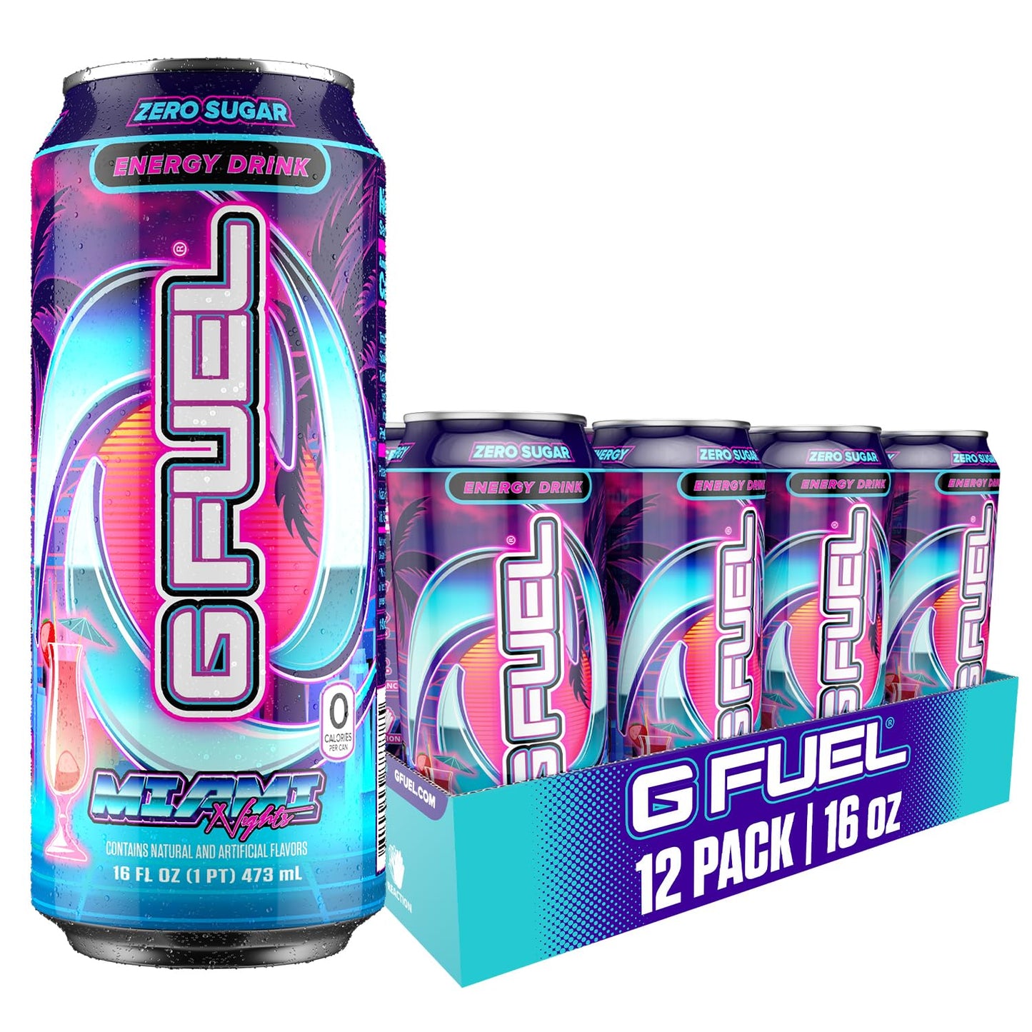 G Fuel Energy Drink, Strawberry Pina Colada, Sugar Free Beverage with 140mg Caffeine, Daily Energy Boost with Focus Amino, Vitamin + Antioxidants, 16 oz Cans (Miami Nights, 12-Pack)