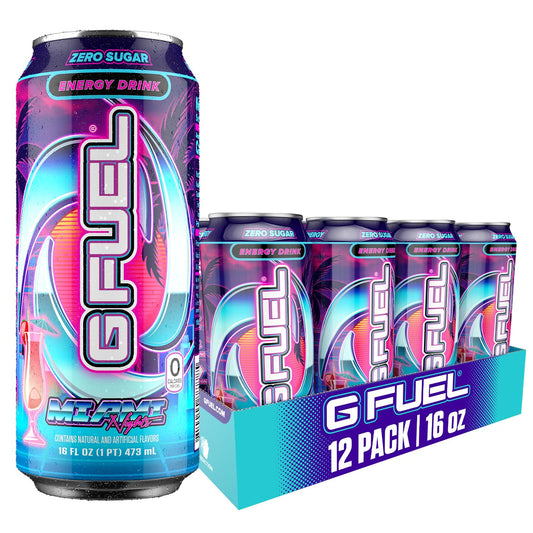 G Fuel Energy Drink, Strawberry Pina Colada, Sugar Free Beverage with 140mg Caffeine, Daily Energy Boost with Focus Amino, Vitamin + Antioxidants, 16 oz Cans (Miami Nights, 12-Pack)