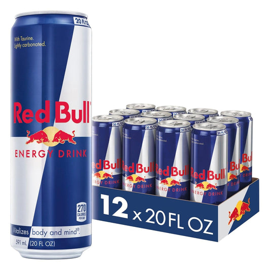 Red Bull Energy Drink with 189mg Caffeine plus Taurine & B Vitamins, 20 Fl Oz, Pack of 12 Cans