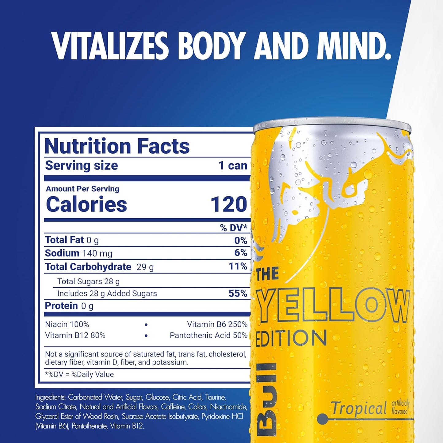 Red Bull Yellow Edition Energy Drink, Tropical, with 80mg Caffeine plus Taurine & B Vitamins, 8.4 Fl Oz, Pack of 24 Cans