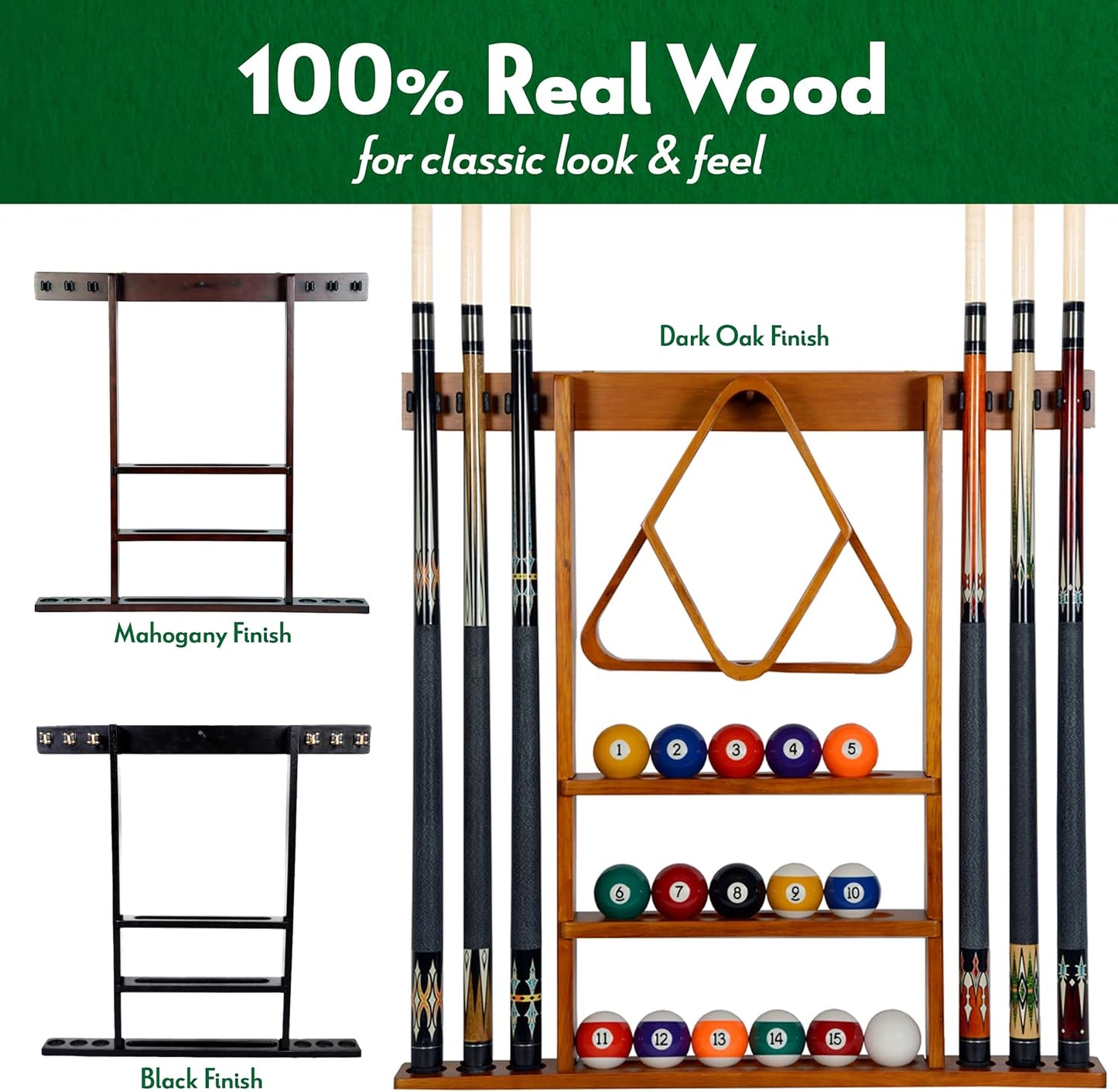 Iszy Billiards Pool Cue Rack - Billiard Pool Stick and Ball Holder Only - 100% Wood Wall Mount Holds 6 Cues and 16 Balls - Pool Table Accessories, Oak