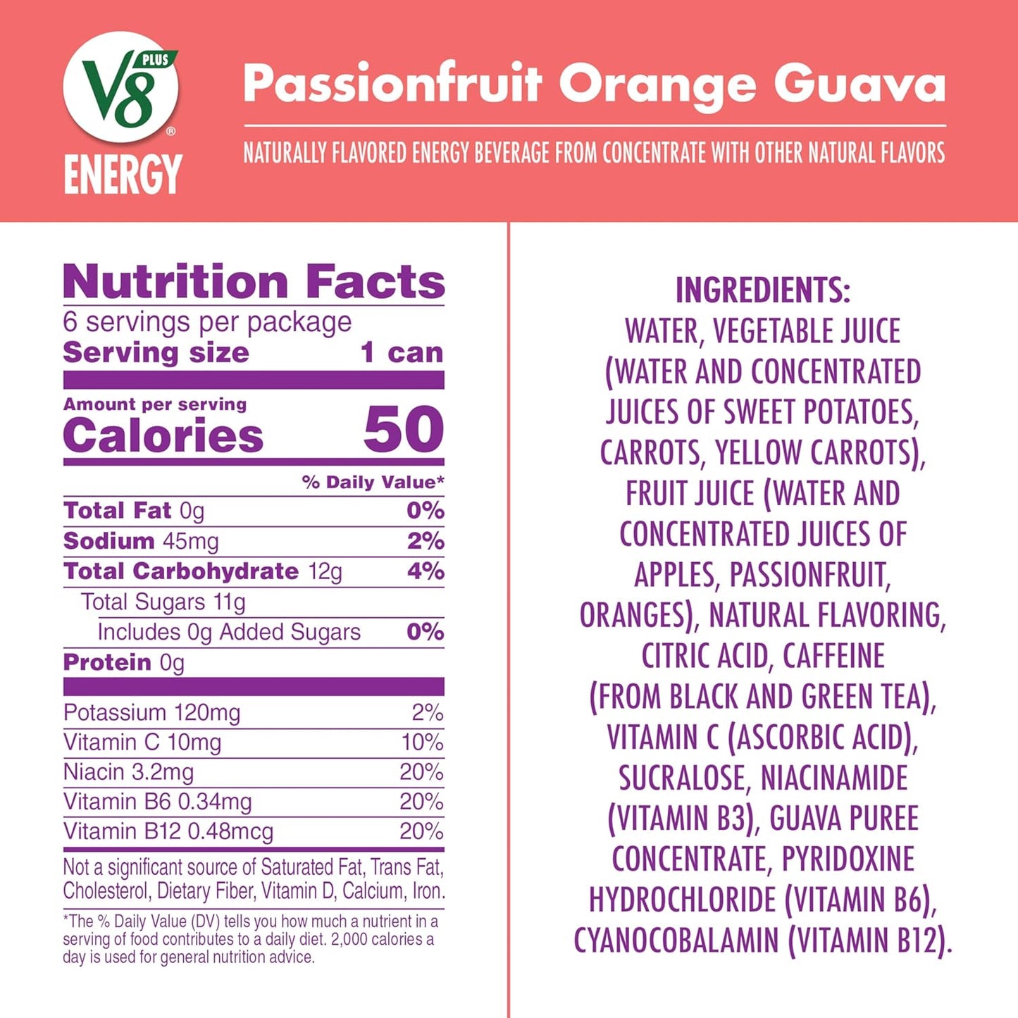 V8 +Energy Passionfruit Orange Guava Juice Energy Drink, 8 fl oz Can (6 Pack)