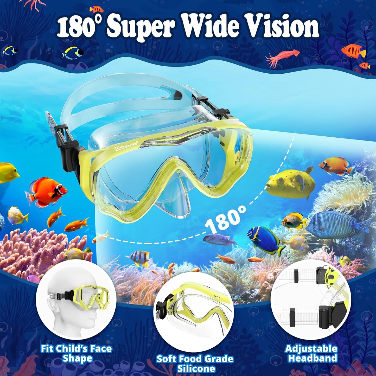 U PHITNIS Kids Snorkel Set for Age 4-14 - Dry Top Snorkeling Gear for Kids Junior & Youth - Childs Diving Mask with Big Eyes for Boys Girls - Anti-Fog Snorkeling Mask and Snorkel Set