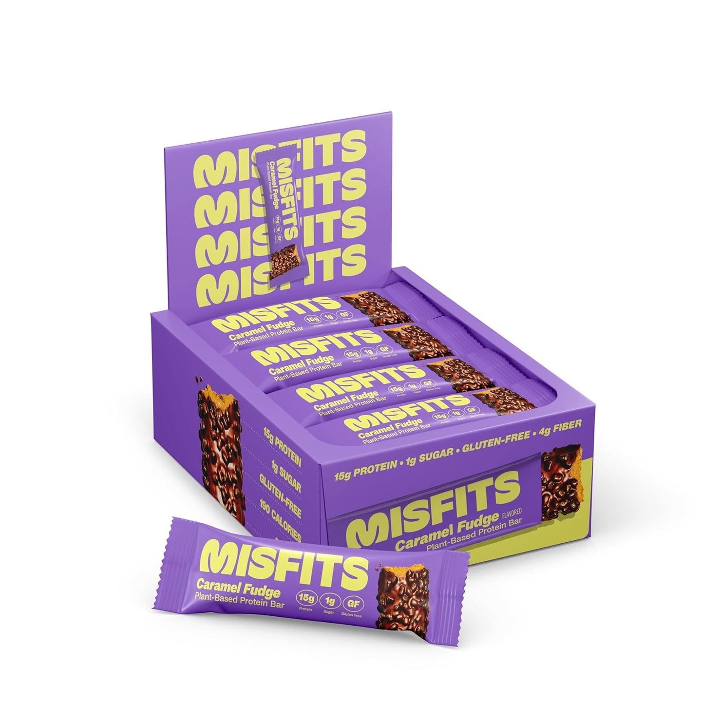 Misfits Vegan Protein Bars, Caramel Fudge - Updated Recipe | Plant Based, Low Sugar & Carb, High Fiber Snacks | Pack of 12