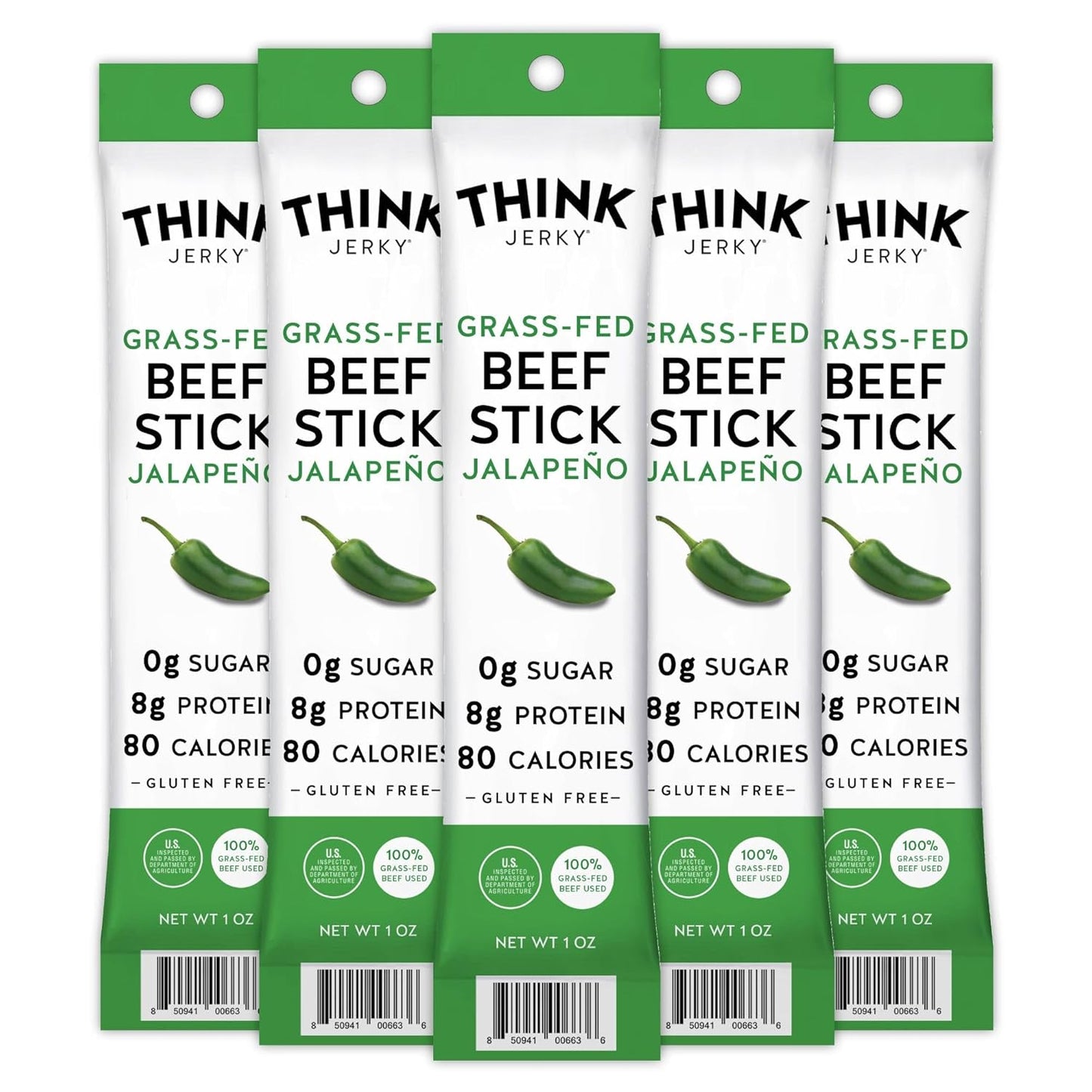 Think Jerky, Jalapeno Grass-Fed Beef Sticks 1 Ounce (Pack of 5) - Sugar Free, Gluten Free, No Nitrates, Keto Friendly, Paleo, High Protein, Low Carb