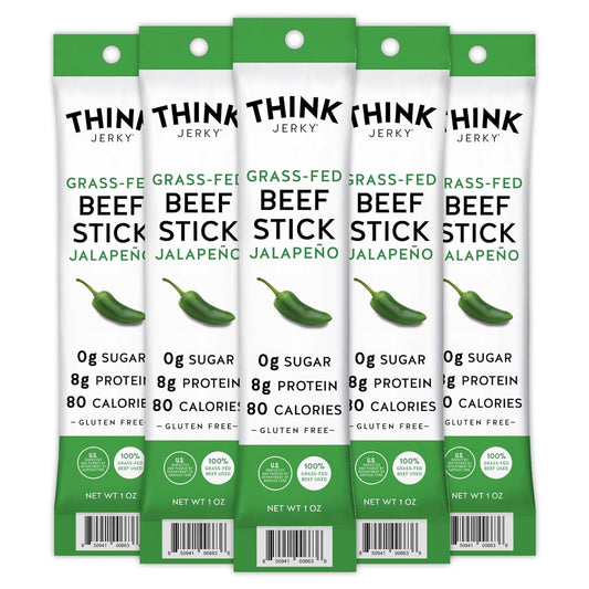Think Jerky, Jalapeno Grass-Fed Beef Sticks 1 Ounce (Pack of 5) - Sugar Free, Gluten Free, No Nitrates, Keto Friendly, Paleo, High Protein, Low Carb