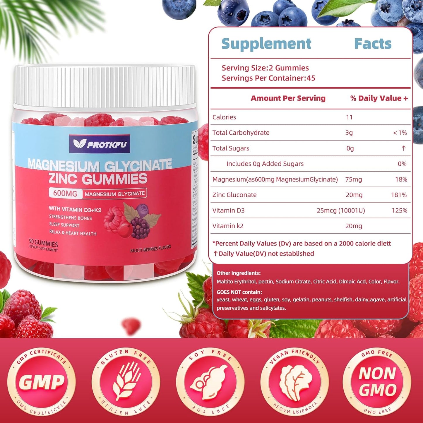 90 CT Magnesium Glycinate Gummies 600mg, Sugar Free Magnesium Gummies w/Zinc & Vitamin D3 & K2 - Magnesium Supplements for Sleep, Supports Bone Health, Nerve & Immune Function